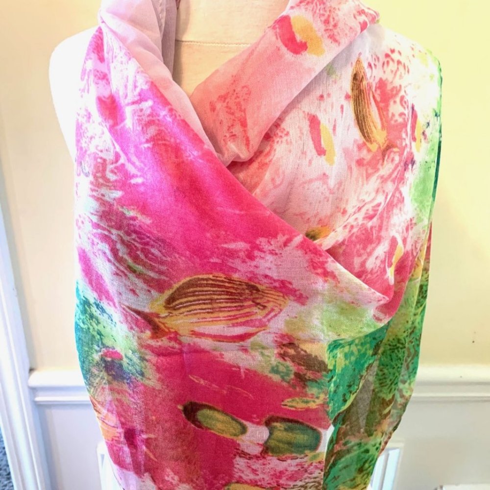 Ladies Abstract Oblong Fish Scarf Pink/Green/Yellow/White Soft 70.8" Long